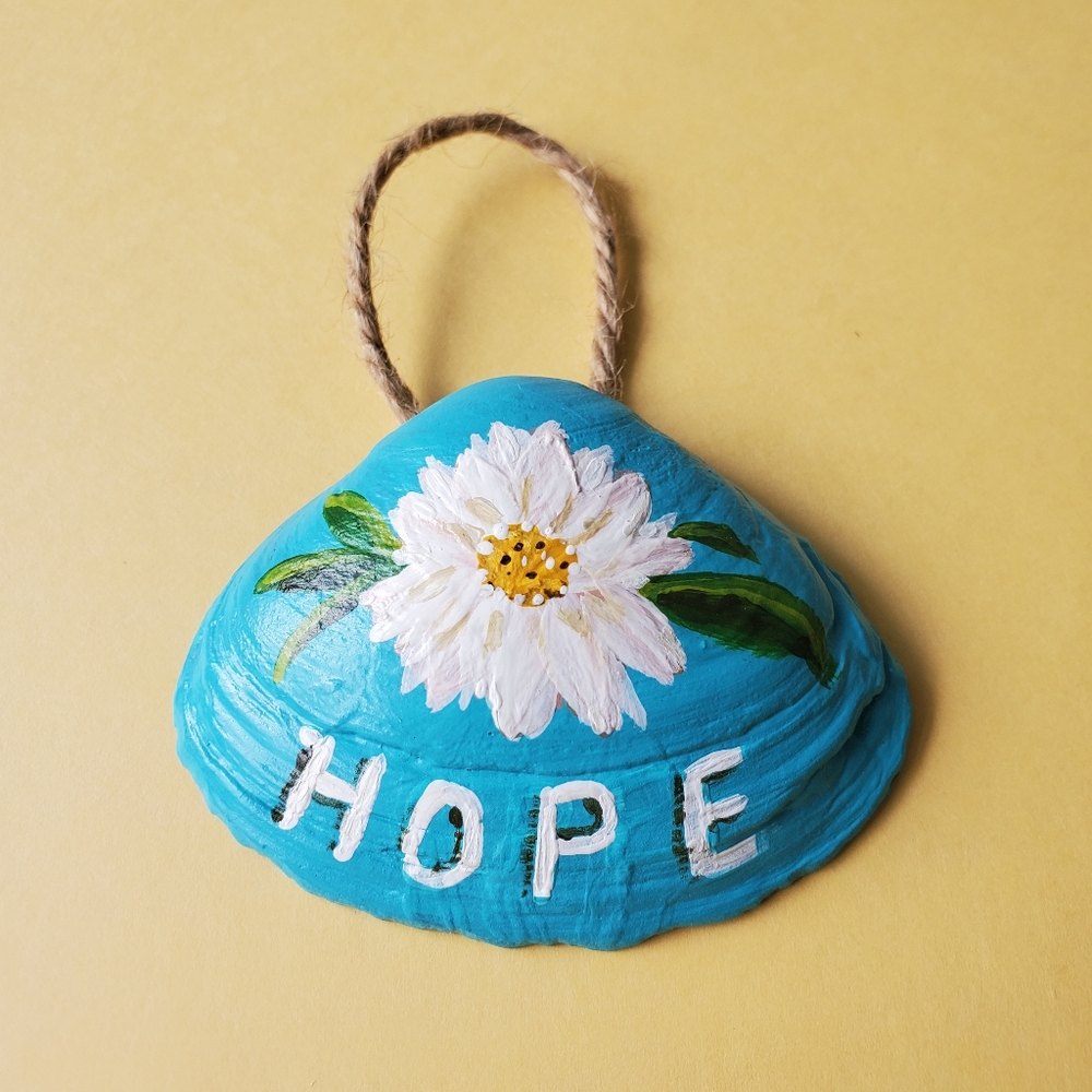 Original Hope White Flower Hand-Painted Cottagecore 3" Seashell Ornament